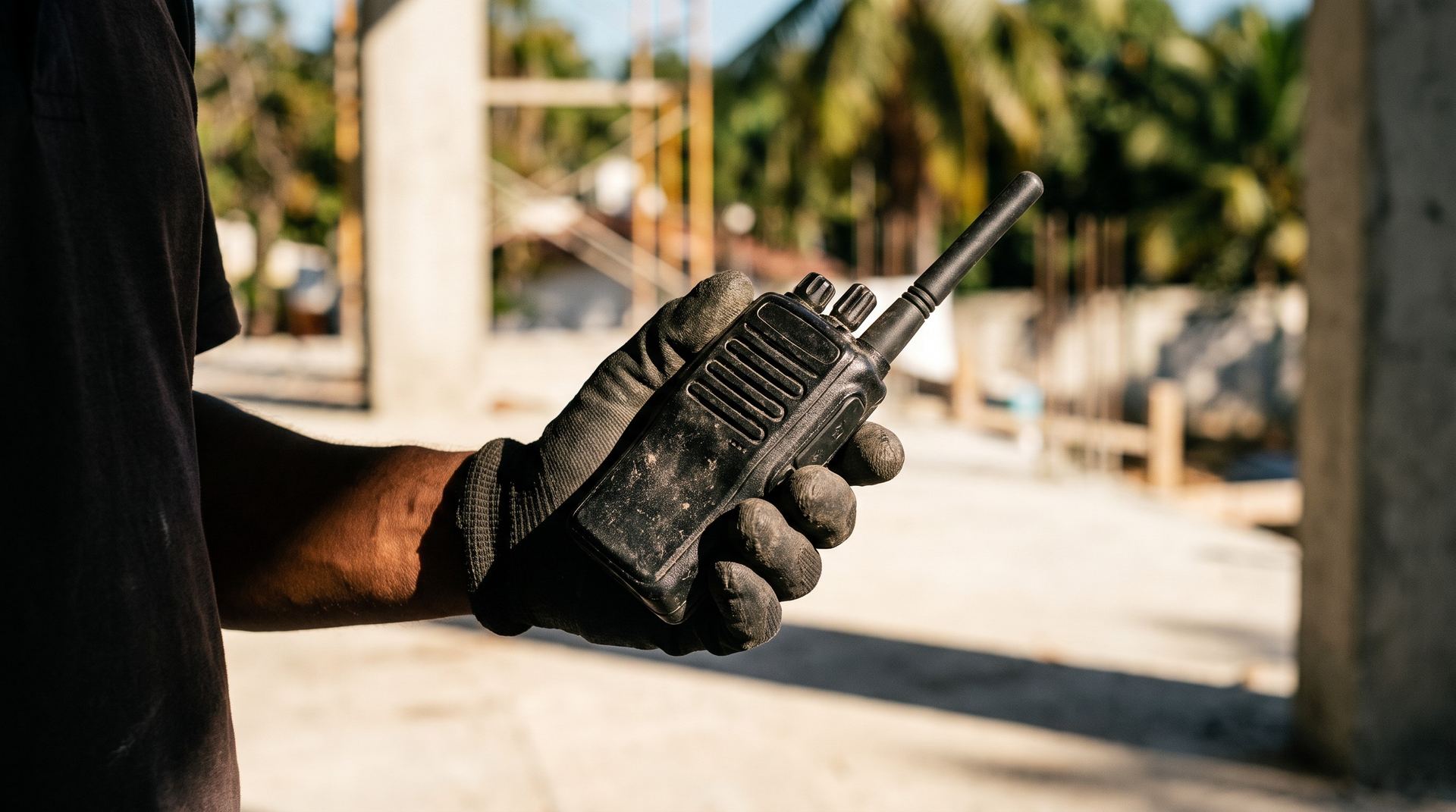 Radio portátil de comunicación en la mano de un trabajador en una obra