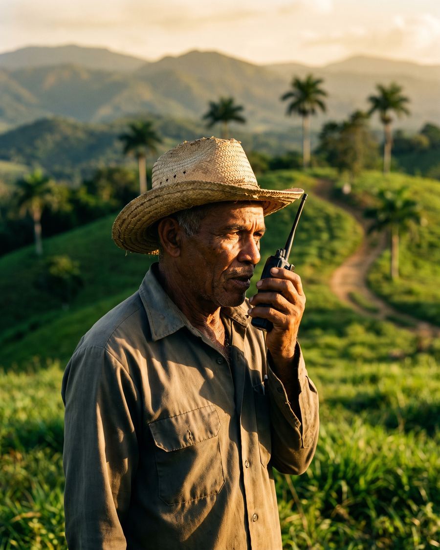 Hombre con sombrero hablando por radio portátil en una loma del Cibao