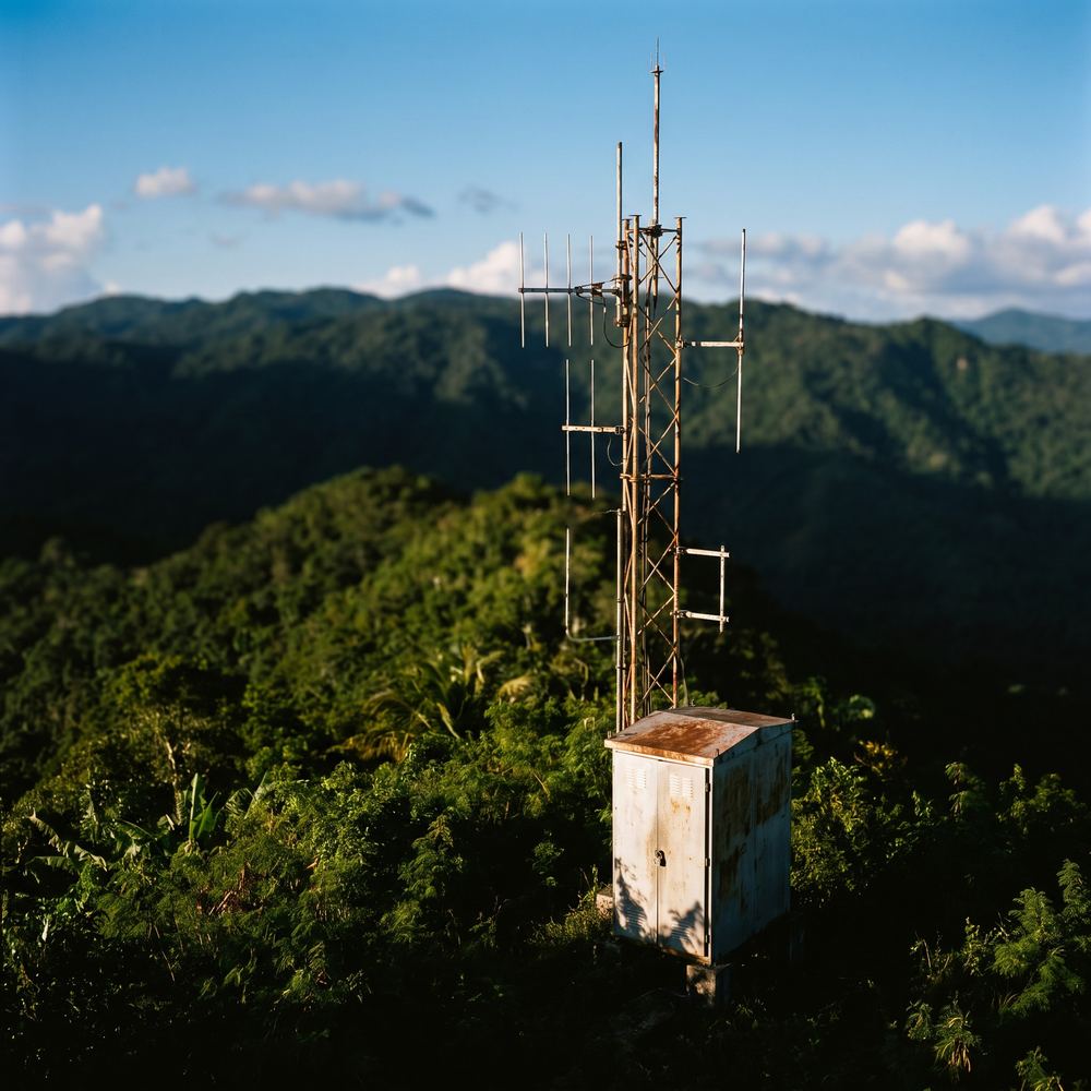 Torre de repetidora con antenas en una loma verde de la Cordillera