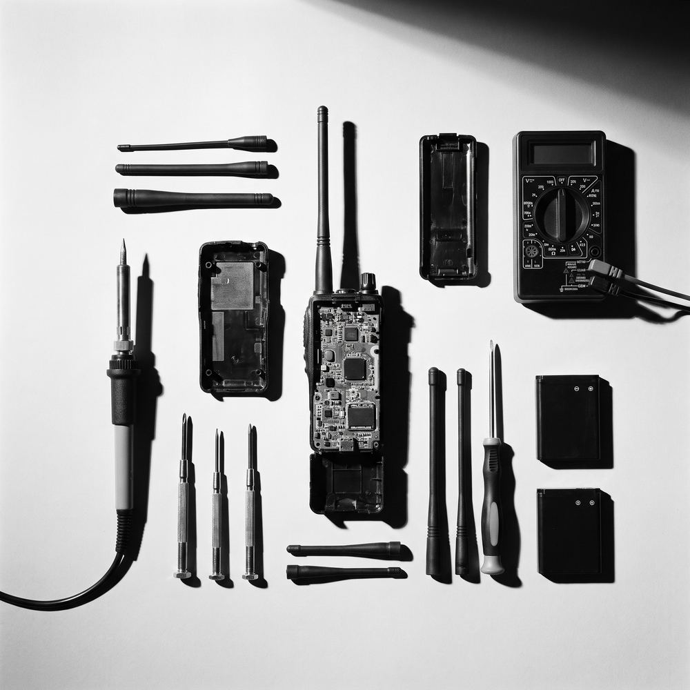 Mesa de taller con un radio portátil abierto, cautín, multímetro, antenas y baterías